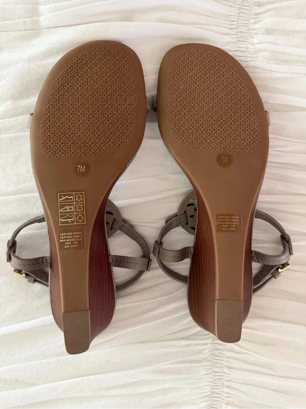 Tory Burch Taupe Leather Wedge T-Strap Sandals